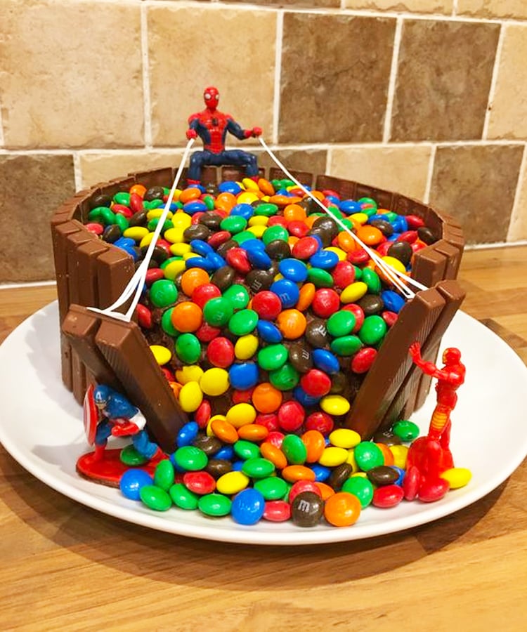 Kids' novelty birthday cake with chocolate fingers and M&Ms. 