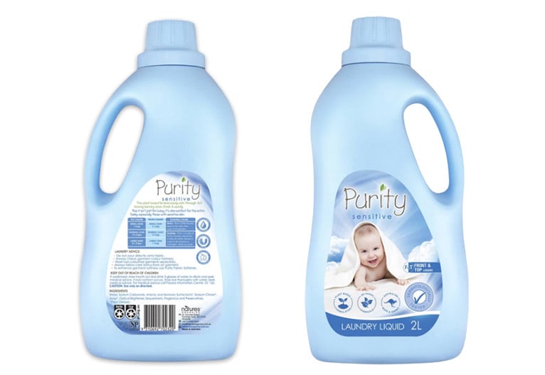 Front and back of the Purity Sensitive Baby Laundry Detergent bottle.