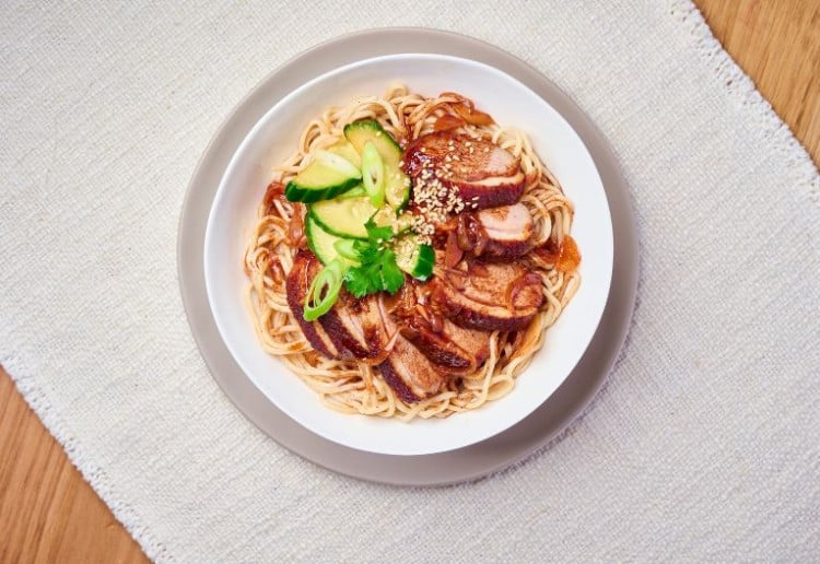 Peking Duck Breast With Egg Noodles, Five Spice Sauce And Fresh Cucumber Salad