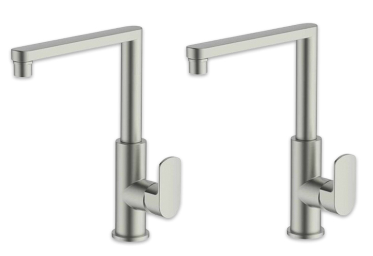Two brushed nickel sink mixer taps side by side.