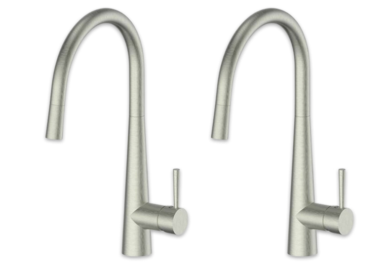Greens Galiano brushed nickel mixer taps side by side. 