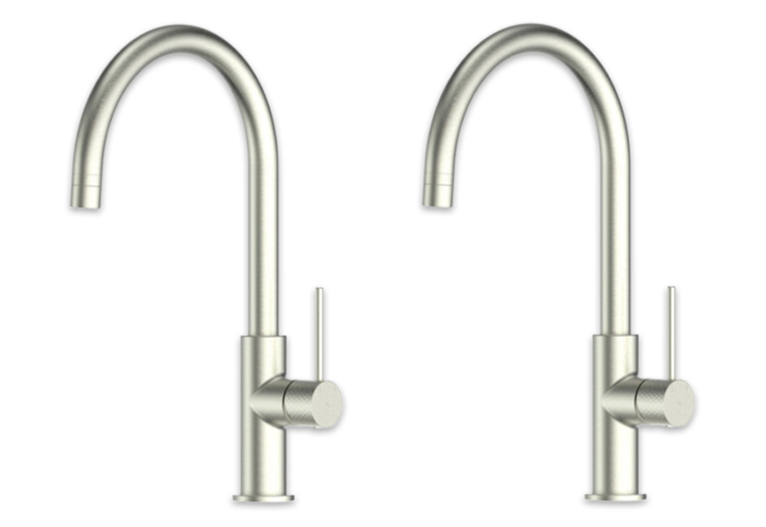 Two identical brushed nickel gooseneck taps side by side.