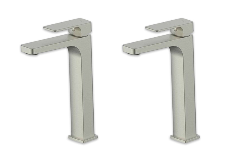 Two tall brushed nickel bathroom or laundry taps.