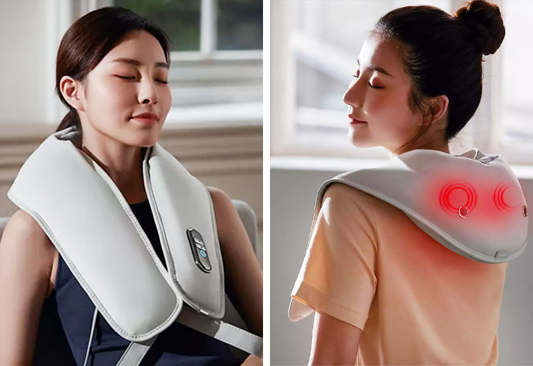Front and side on imagers of a woman wearing a shawl massager around her neck.