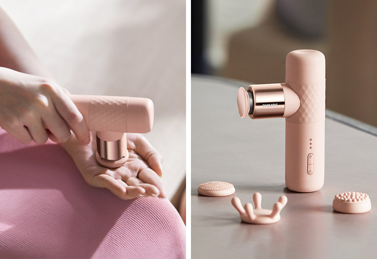 One image shows a mini massage gun being used on a hand and another shows it placed on a table.