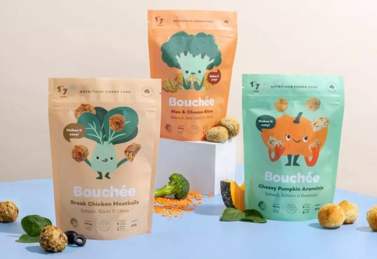 Three pouches of Bouchee baby food.