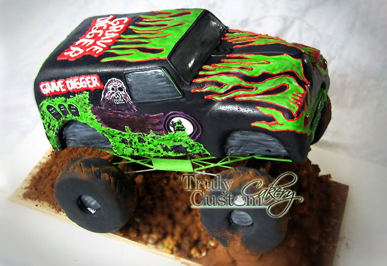 Kids' birthday cake shaped like the Grave Digger Monster Truck.