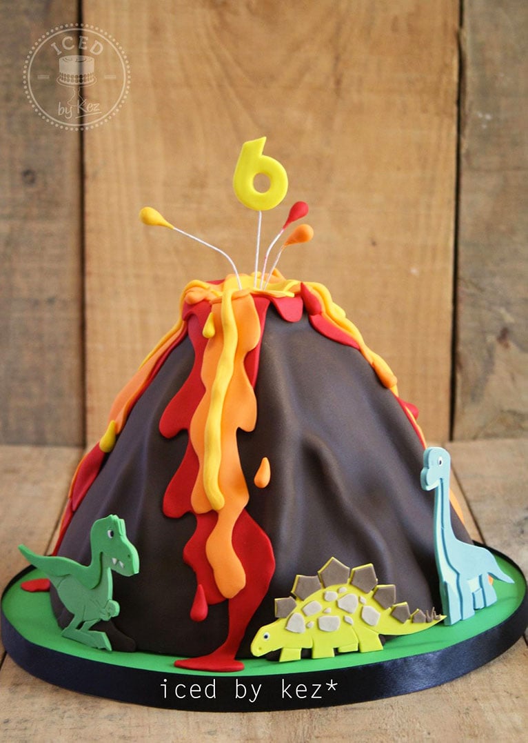 Dolly Varden cake decorated like a volcano.