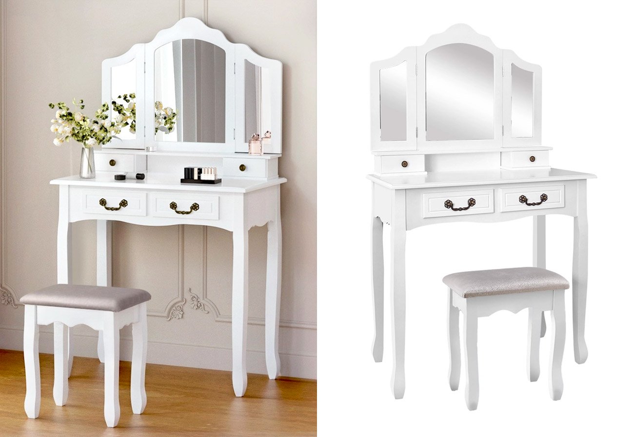 Small white dressing table with four drawers and a folding mirror plus a matching stool.