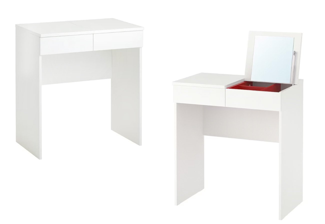 White Brimnes dressing table shown with the lid closed and open.