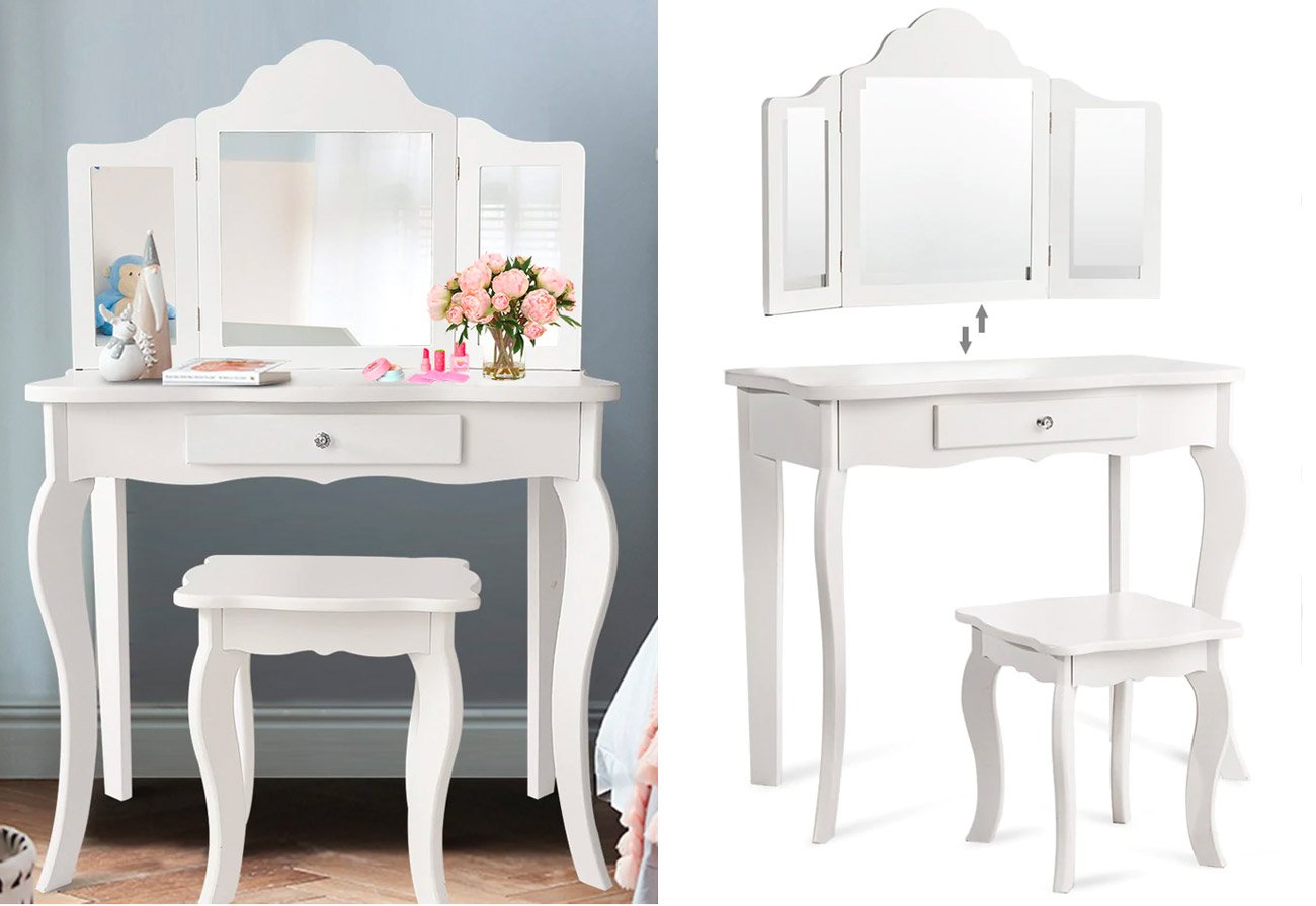 Kids white dressing vanity shown with accessories and without.