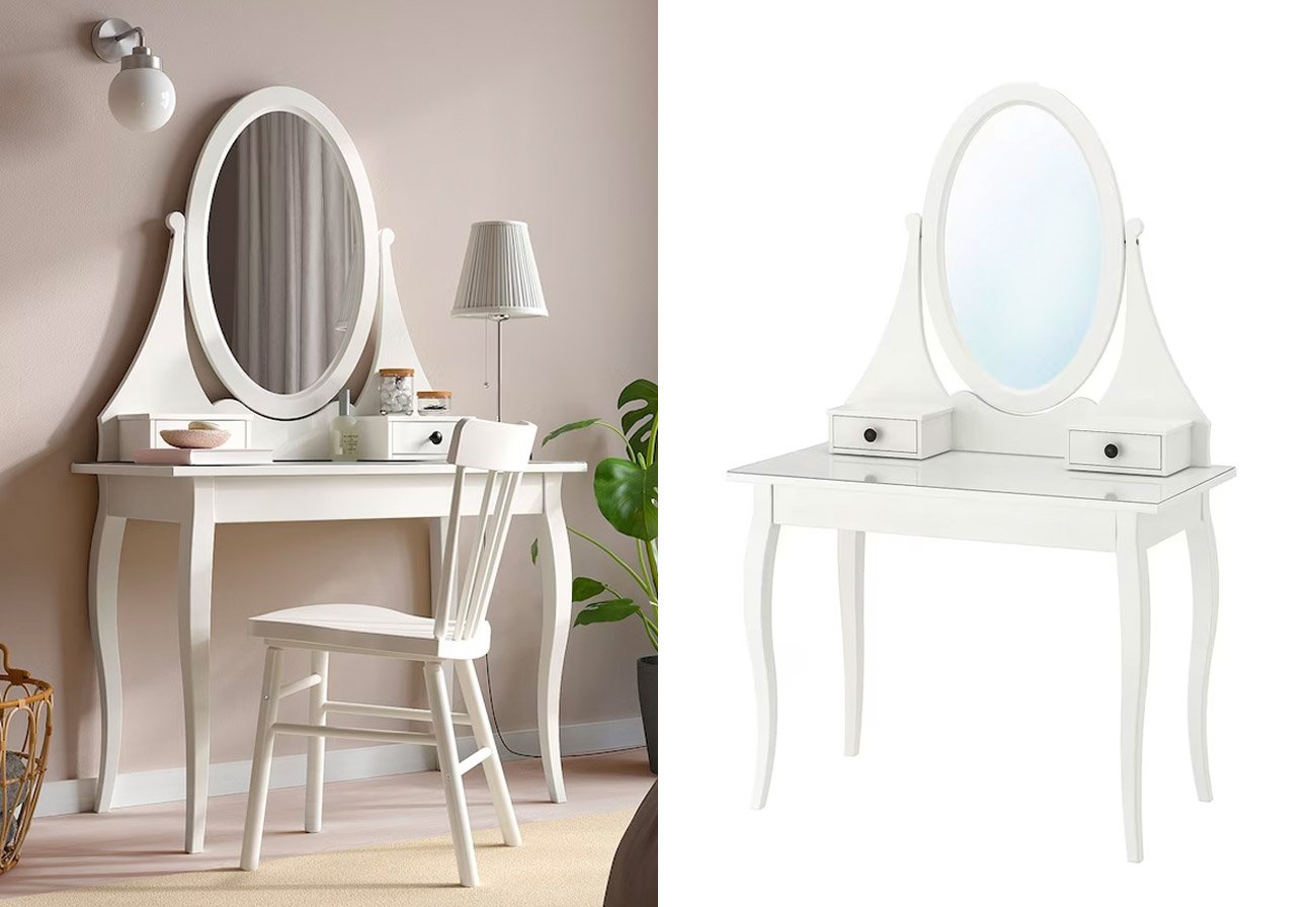 Two images of the IKEA Hemnes white dressing table with mirror.