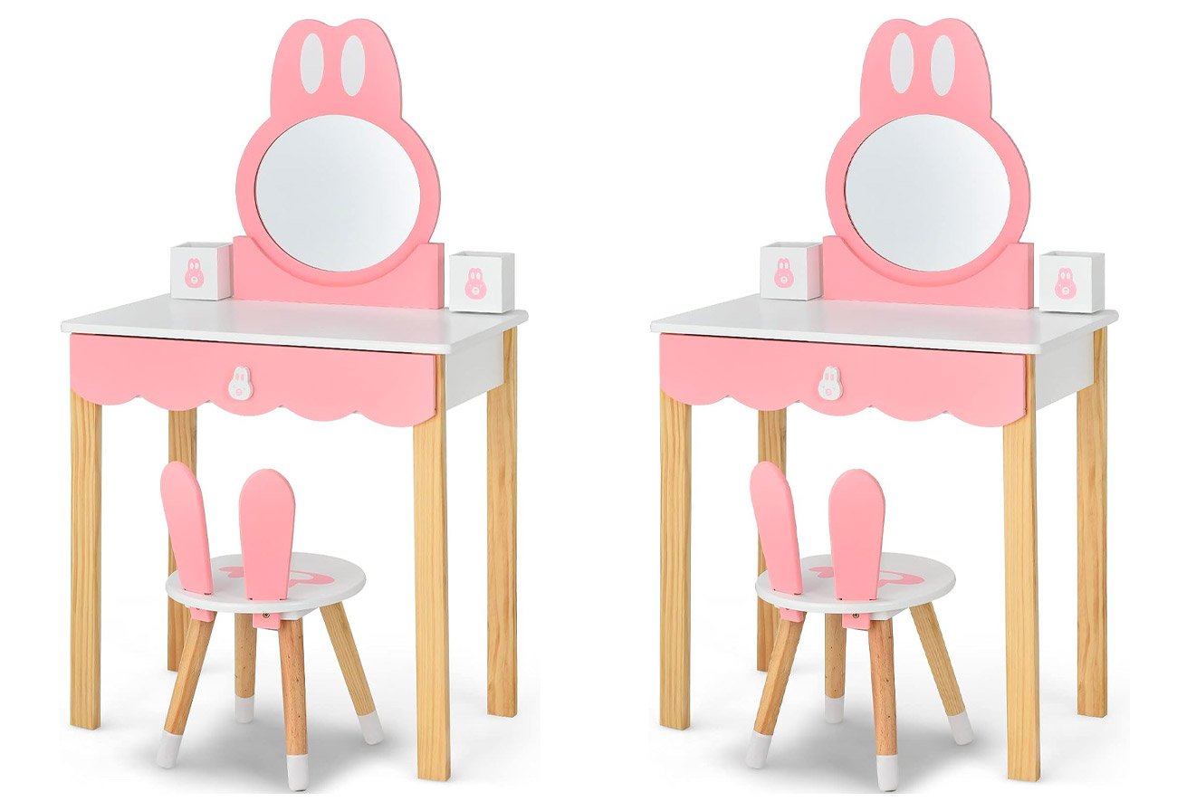 Two kids' pink and white Honey Joy dressing tables with matching stools shown side by side.