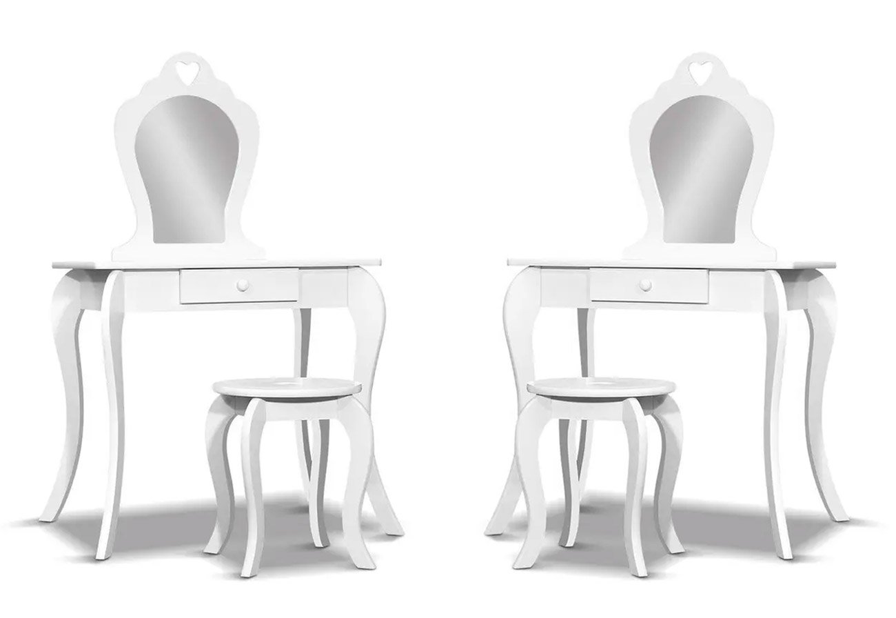 White Keezi kids' make-up table and chair set shown from two angles.