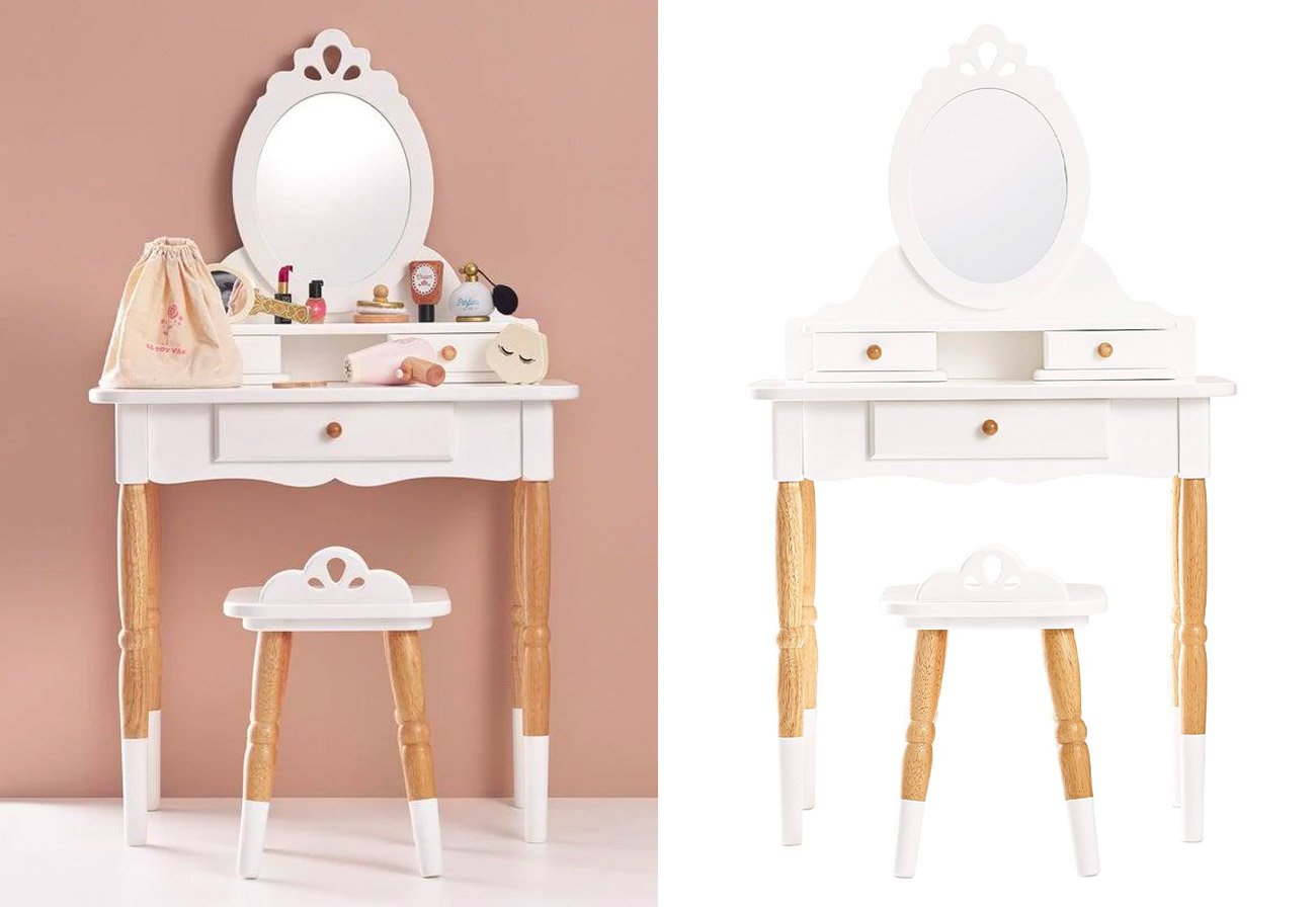 Le Toy Van Vanity Table for kids shown with accessories and without.