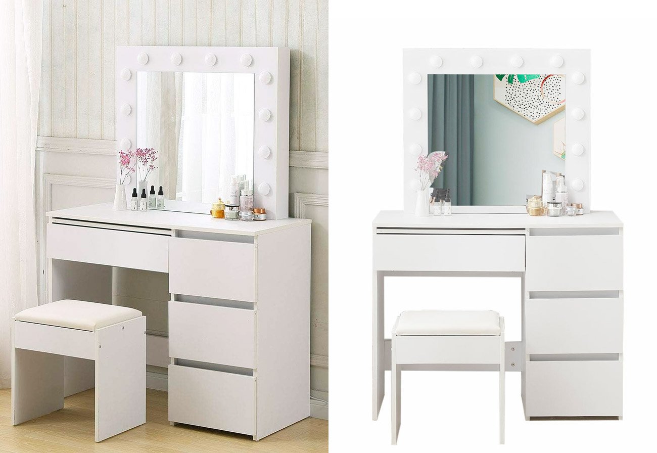 White dressing table with four drawers and a matching stool.