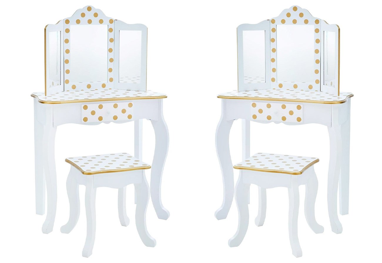 Fantasy Fields kids' white and gold vanity table from two angles.