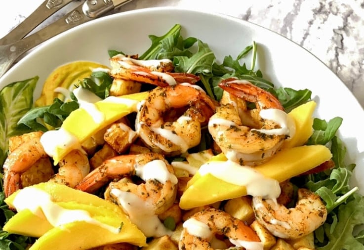 Crispy Potato Prawn with Rucola and Mango Salad with Paul Newman’s Own Ranch Dressing