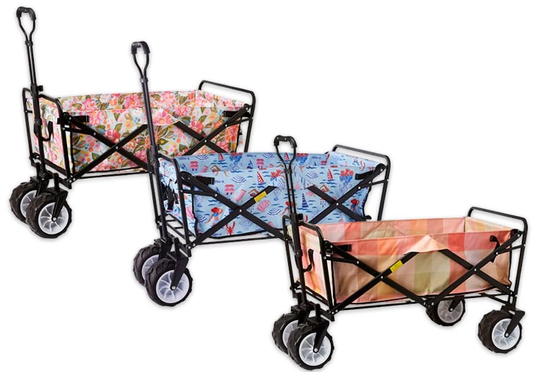 Three Adairs folding beach trolleys in different colours.