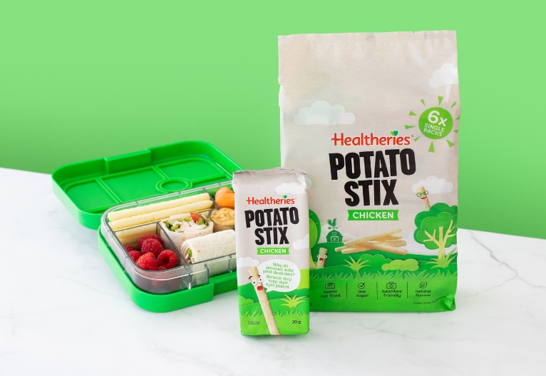 Healtheries Potato Stix Review product and lunchbox on benchtop