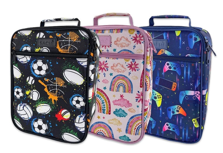 Row of three Satchi kids' insulated lunch boxes australia. 