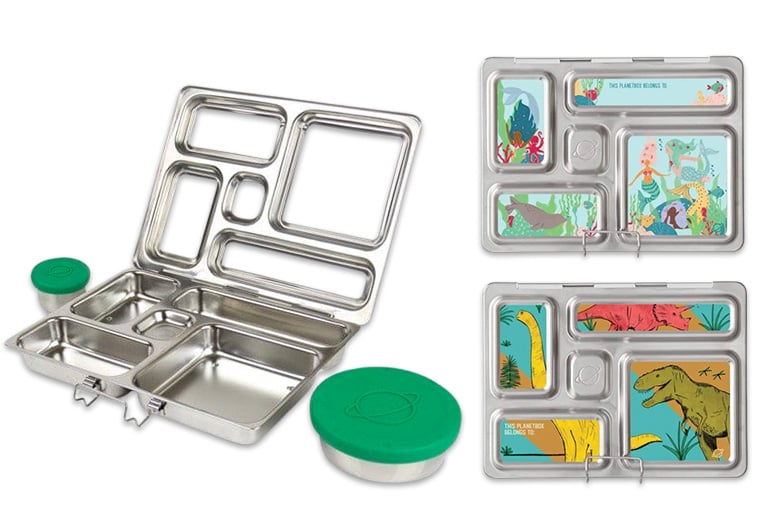 Planetbox Rover stainless steel bento box shown open and with accessories.