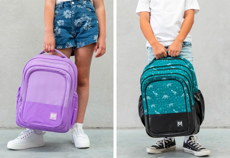 Montii Co kids' large school backpacks in purple and dinosaur designs.