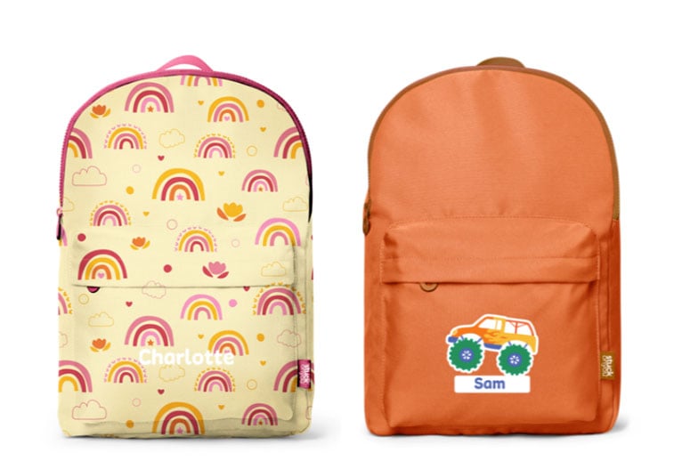 Stuck On You school backpacks shown in rainbow and orange styles.