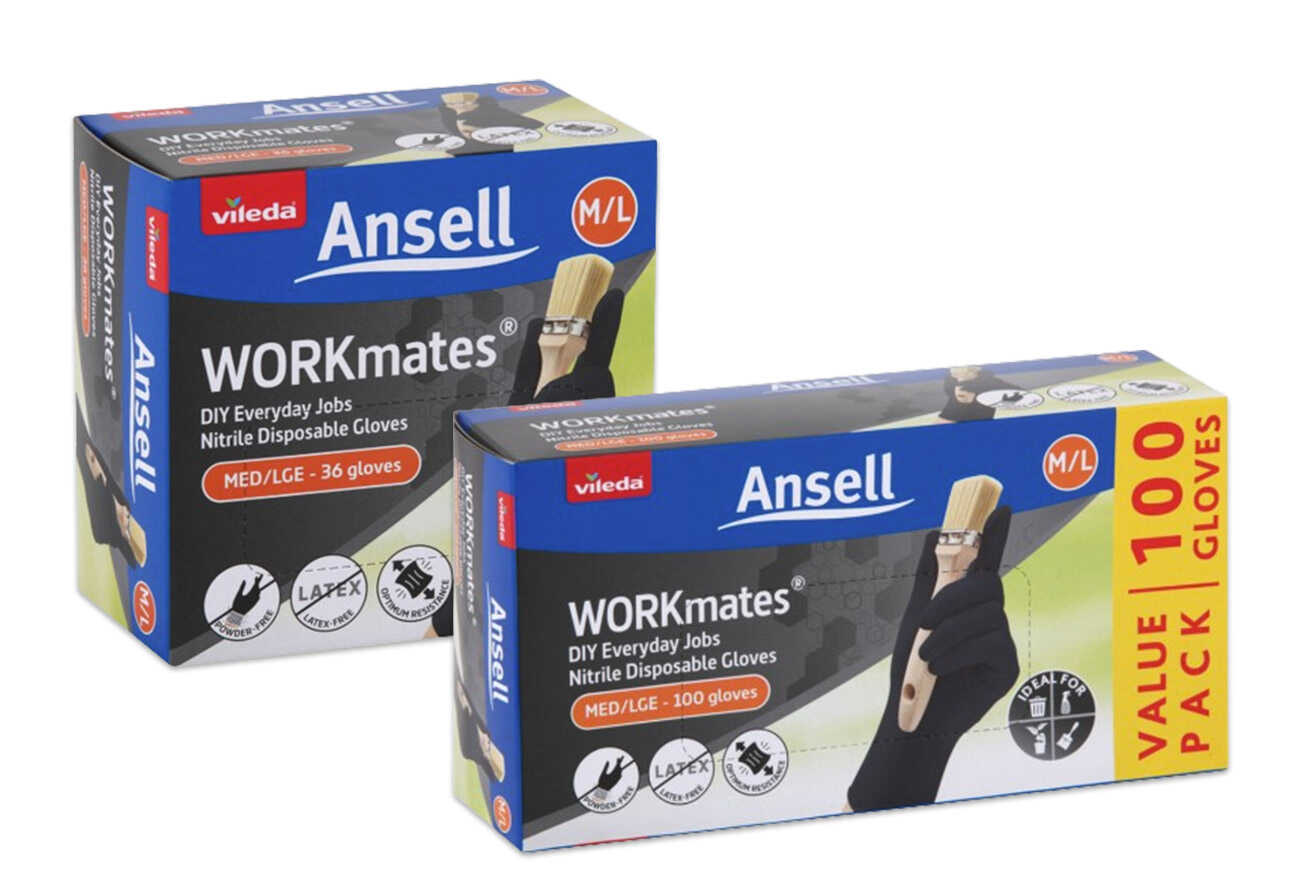 Two boxes of Vileda Ansell Black WORKmates nitrile gloves.