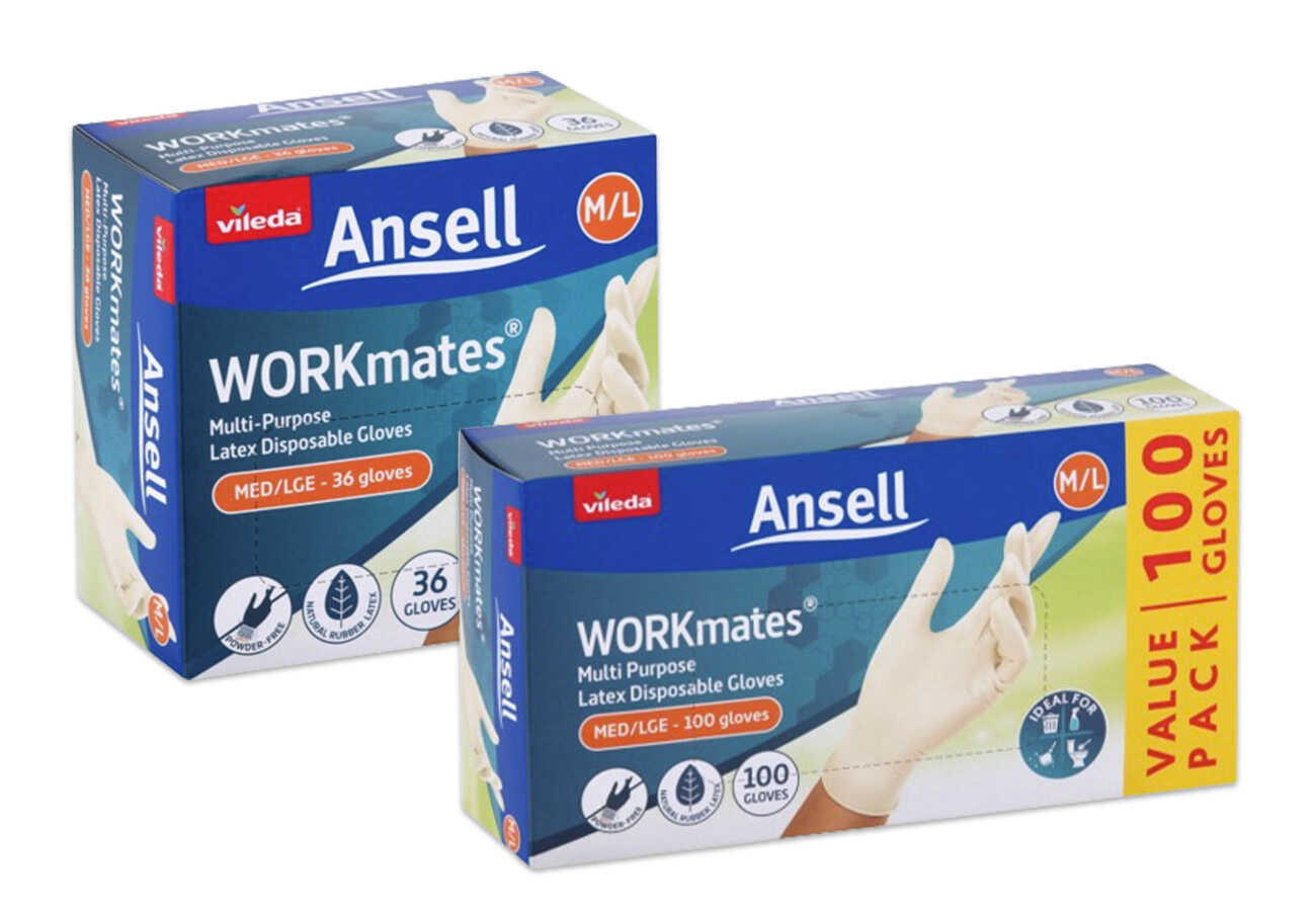 Two boxes of Vileda Ansell white latex disposable gloves.