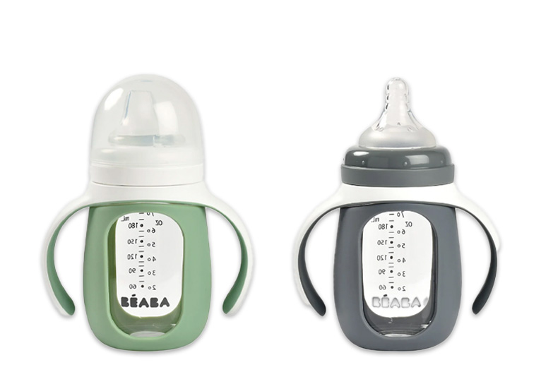 Beaba glass baby bottles with handles.