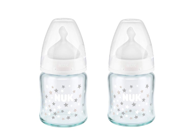 Two NUK First Choice Wide Neck Glass Baby Bottles.