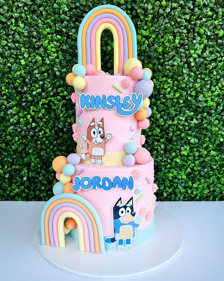 Double rainbow Bluey birthday cake. Source: sweetlifebysonia