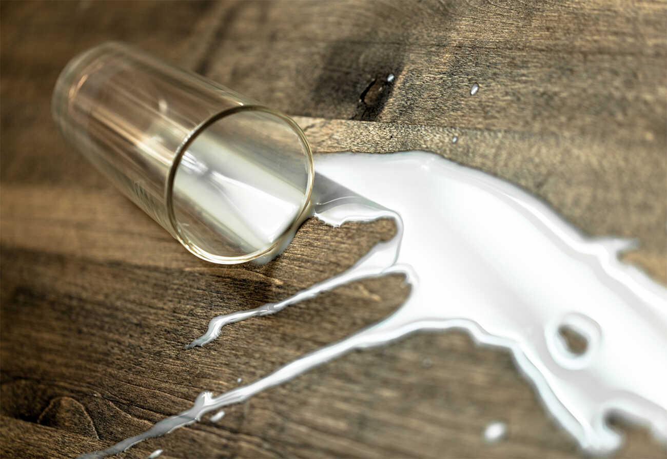 Spilt glass of milk on a hardwood floor.