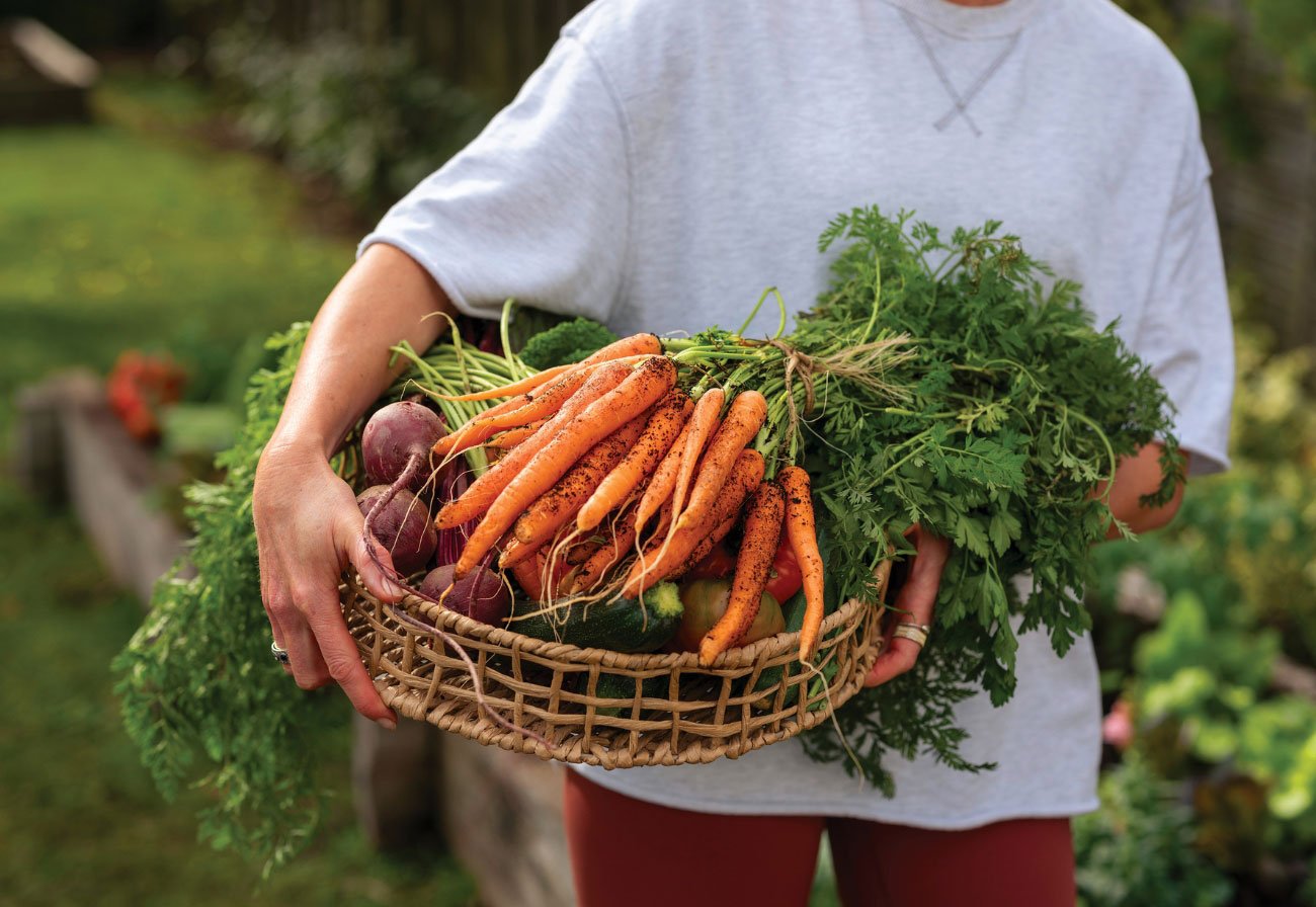 Woman holding a basket of freshly picked carrots.