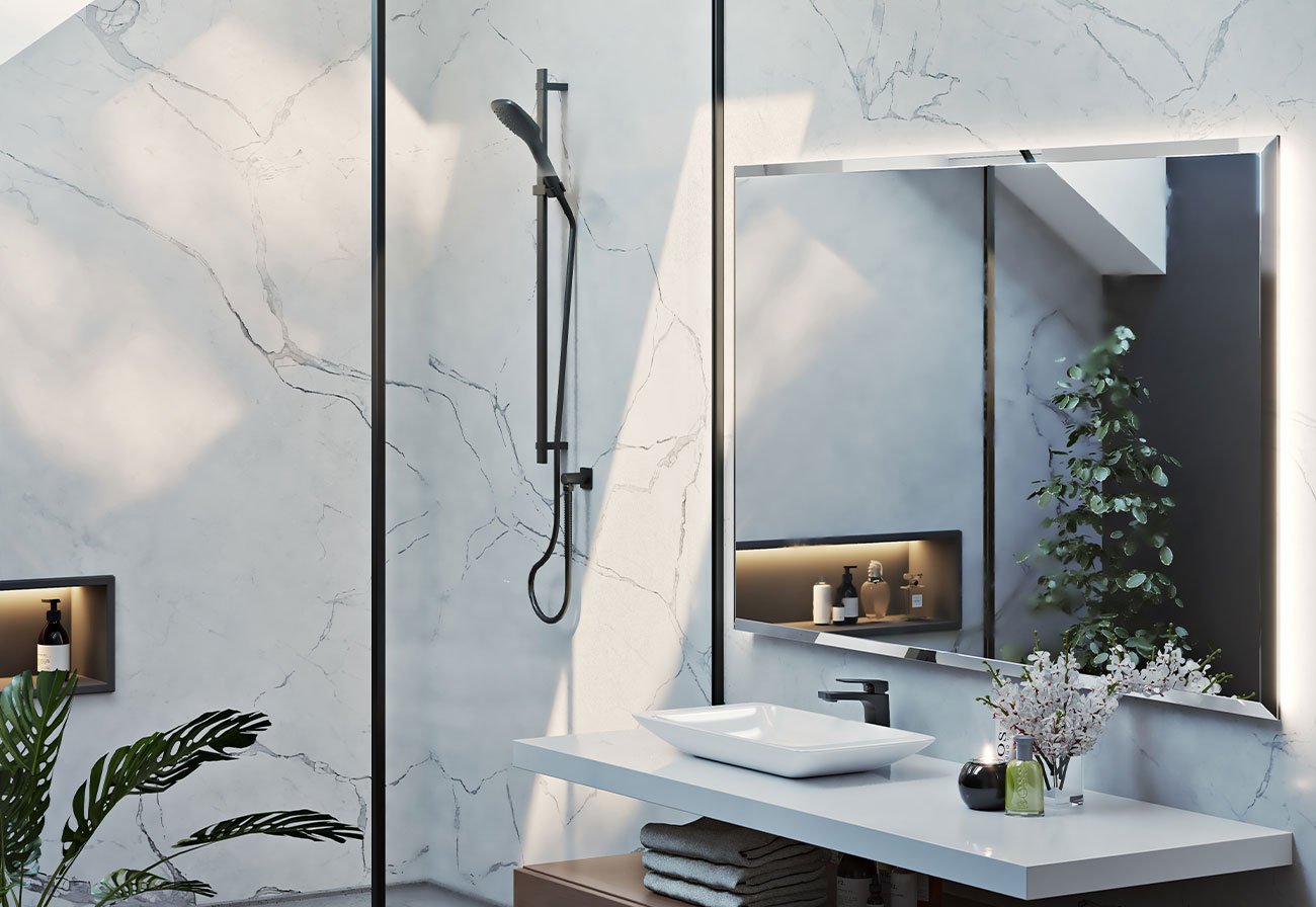 Matte black shower in a white bathroom.