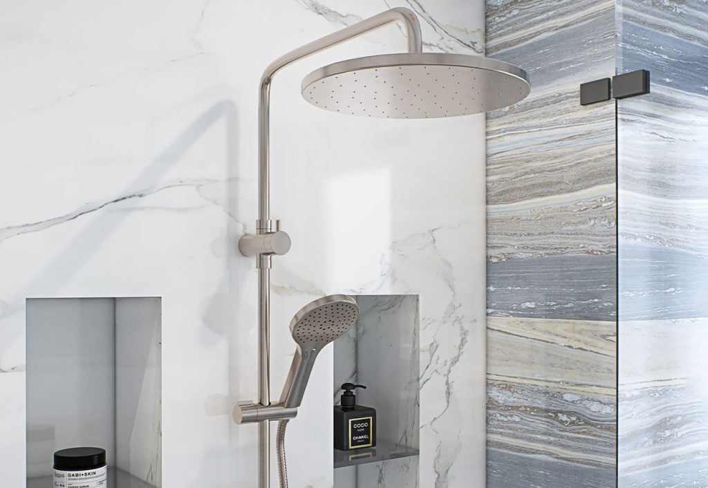 Trending brushed nickel rain shower head.