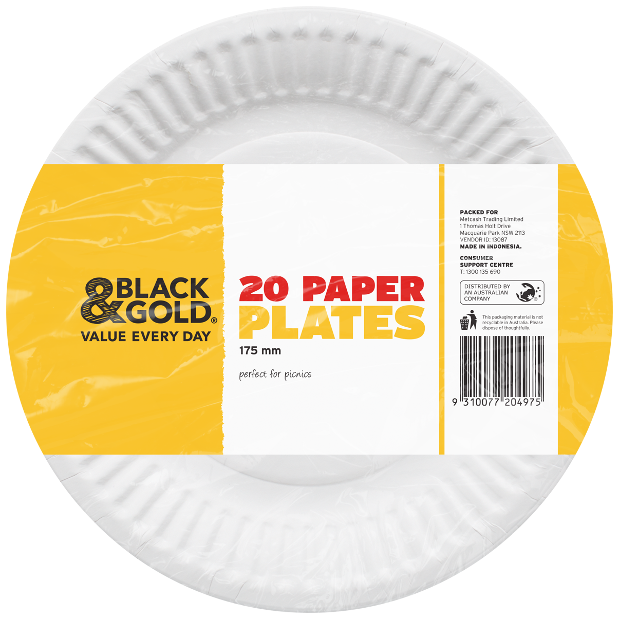 Black & Gold Paper Plates 175mm 20pk