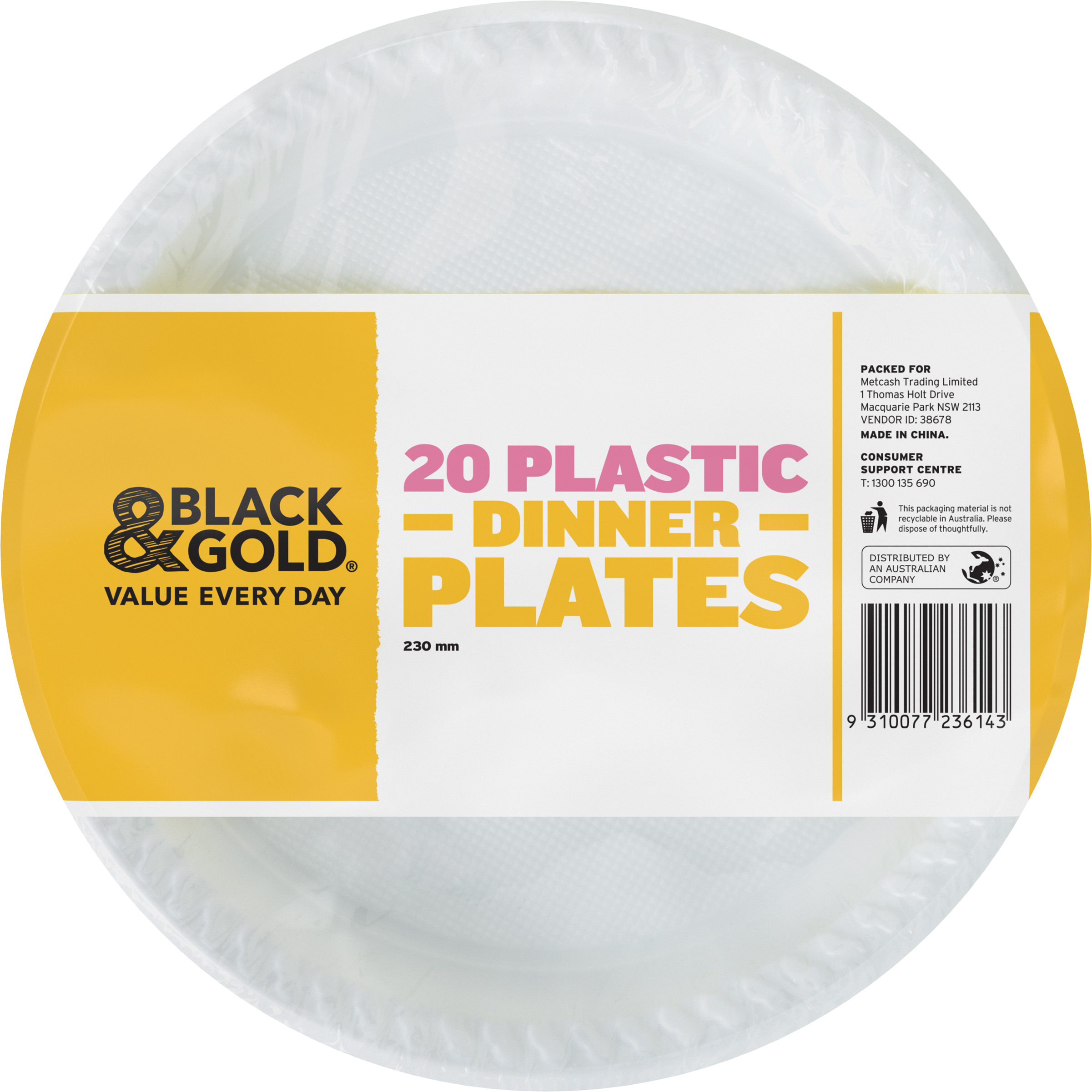 Black & Gold 20 Plastic Dinner Plates