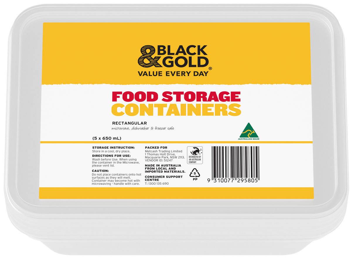 Black & Gold Food Storage Containers Rectangular 5x650mL