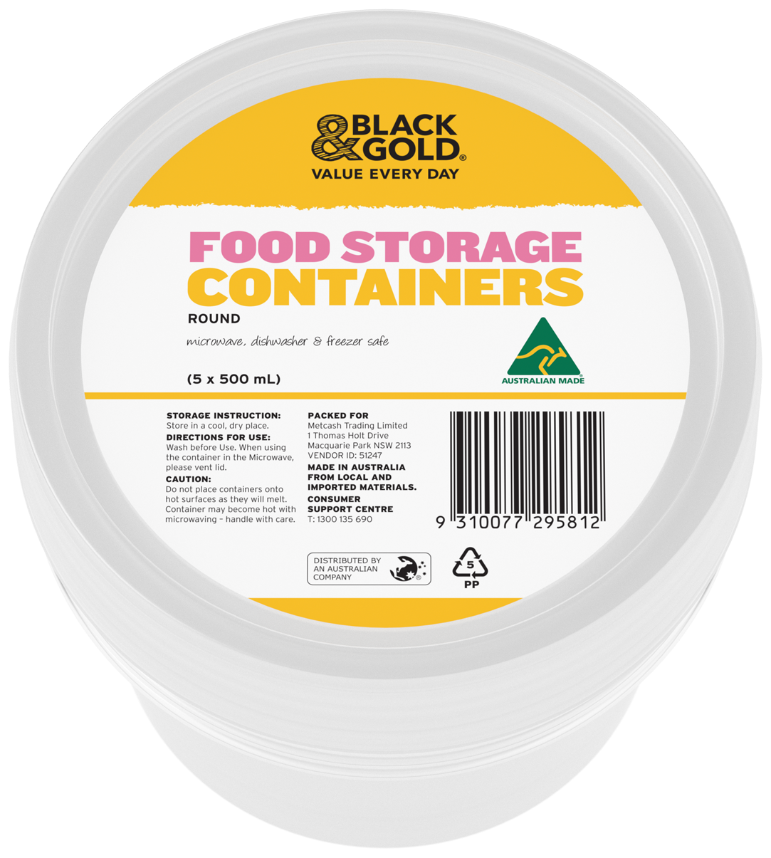 Black & Gold Food Storage Containers Round 5x500mL