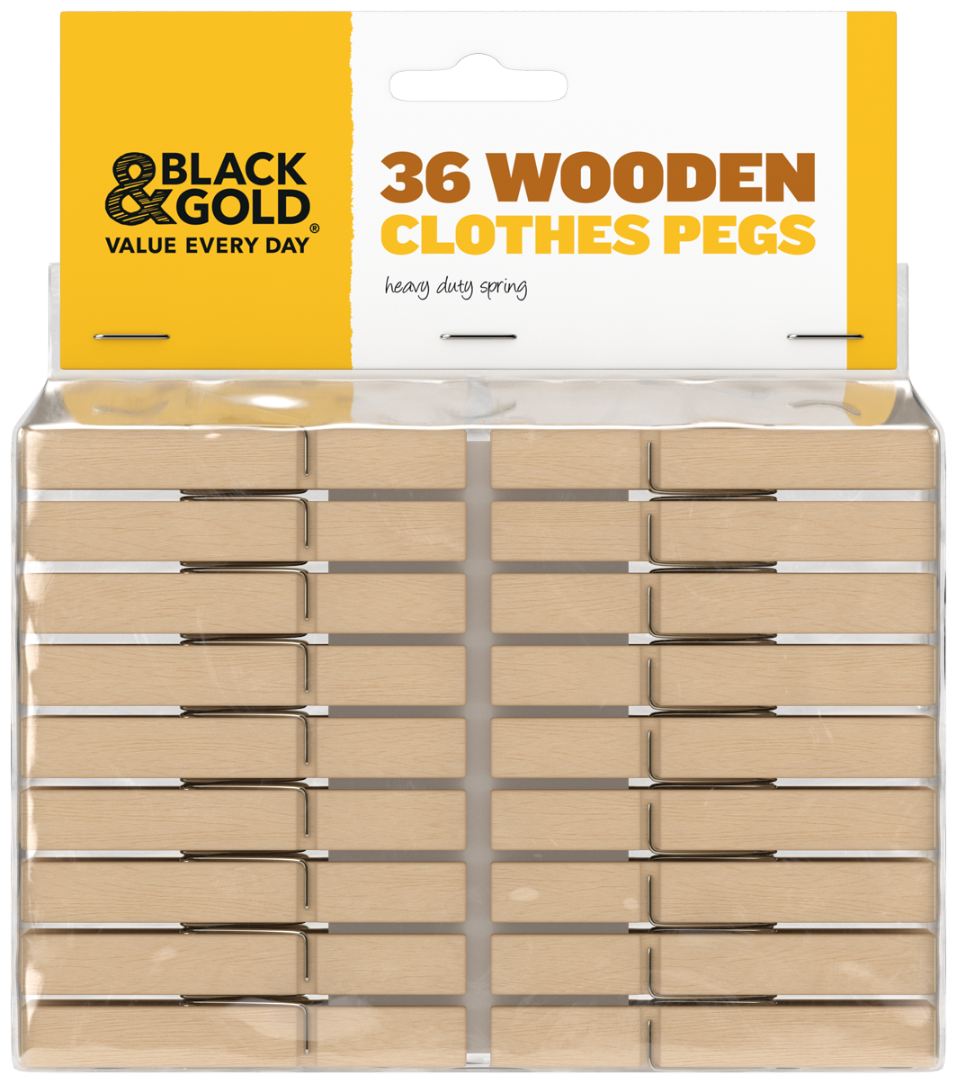 Black & Gold 36 Wooden Clothes Pegs