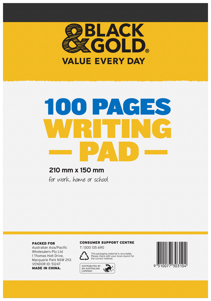 Black & Gold Writing Pads A5 210x 150mm 100p