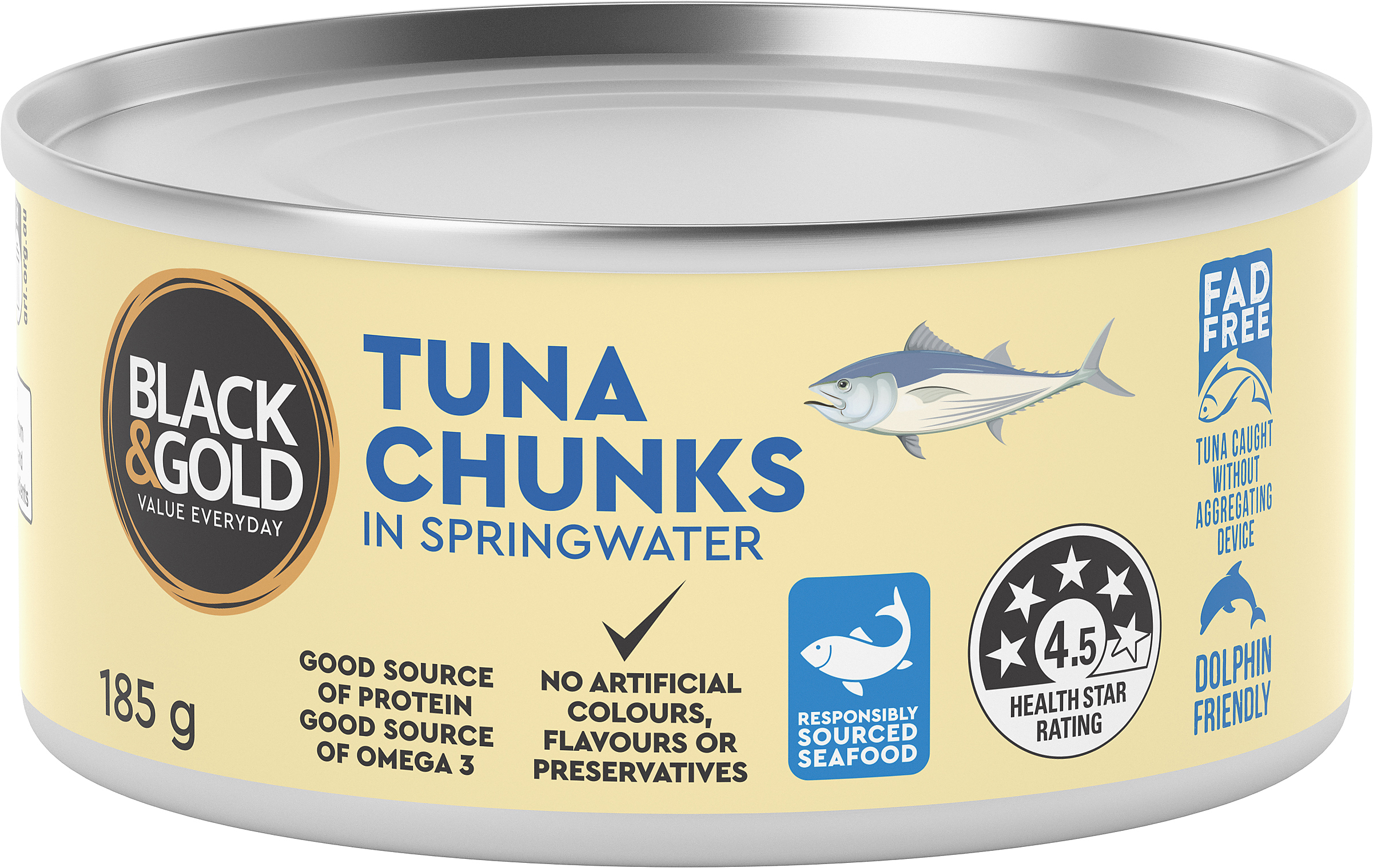 Black & Gold Tuna Chunks in Springwater 185g