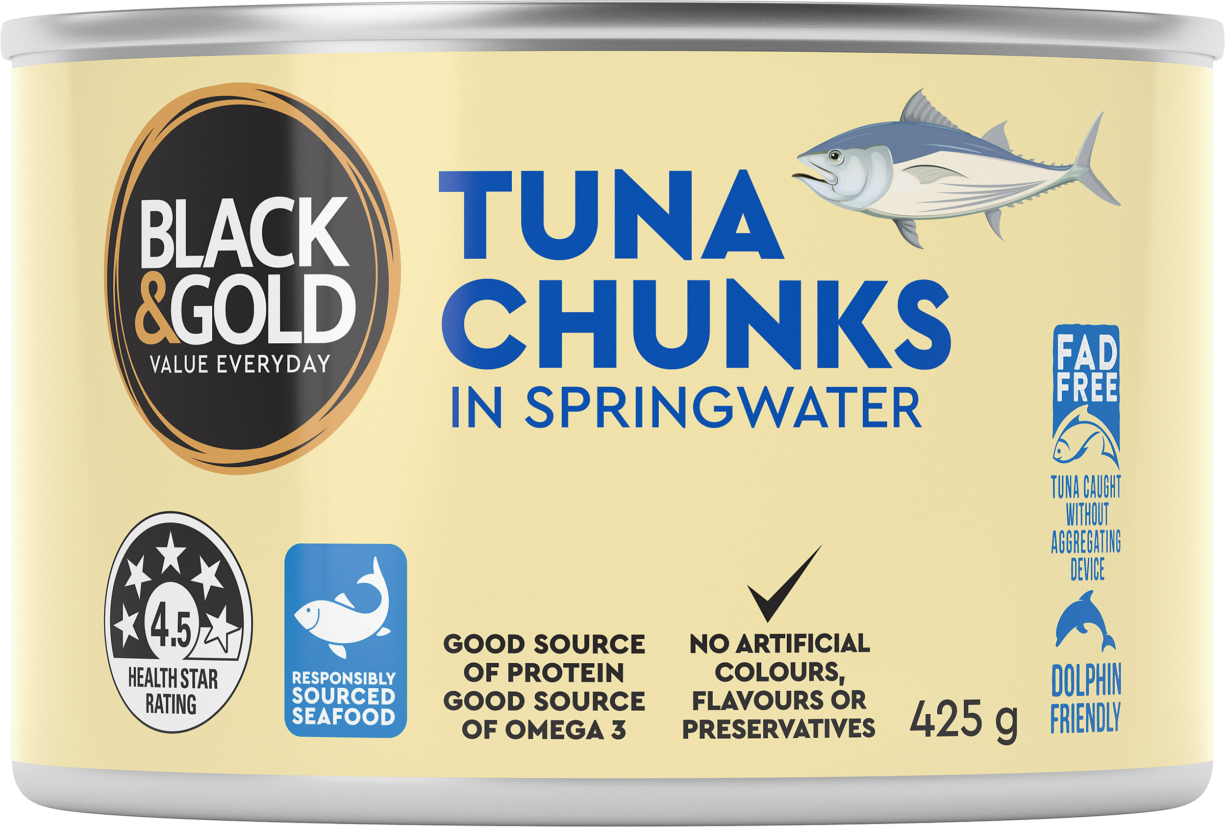 Black & Gold Tuna Chunks in Springwater 425g