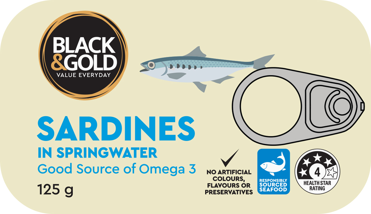Black & Gold Sardines in Springwater 125g
