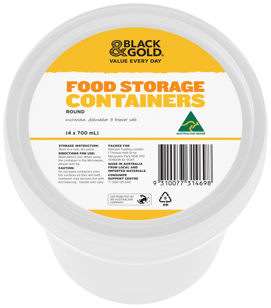 Black & Gold Food Storage Containers Round 4x700mL
