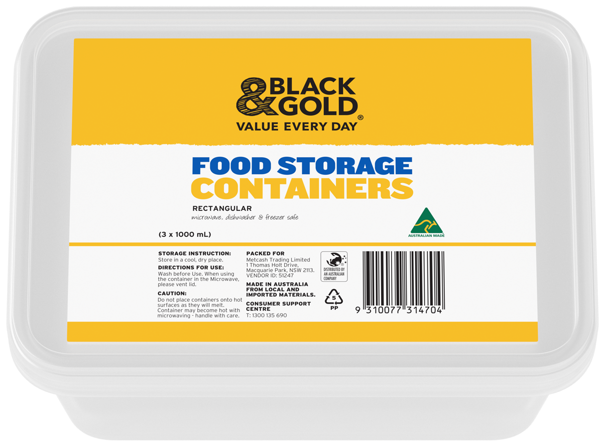 Black & Gold Food Storage Containers Rectangular 3x1000mL