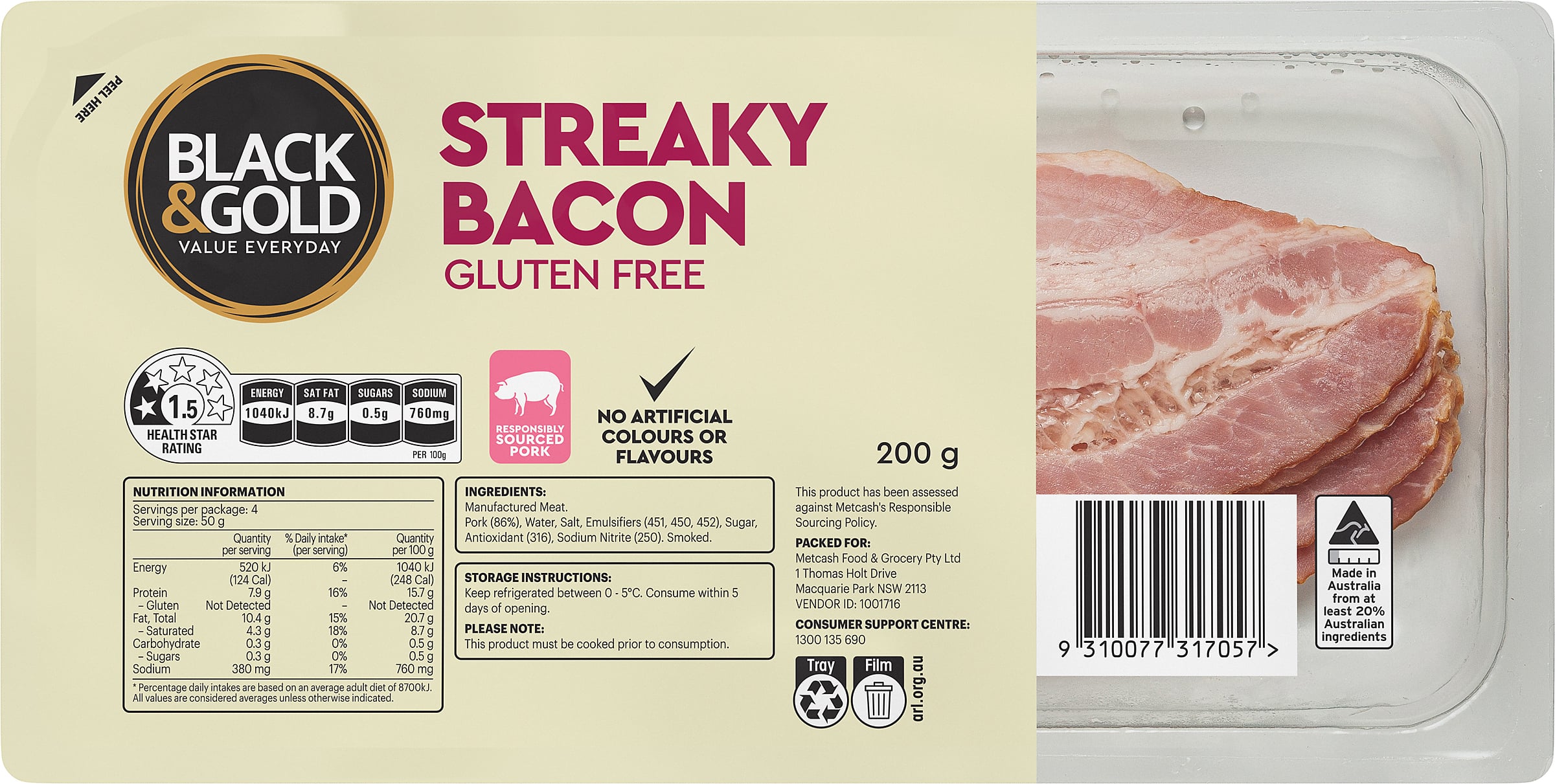 Black & Gold Streaky Bacon 200g