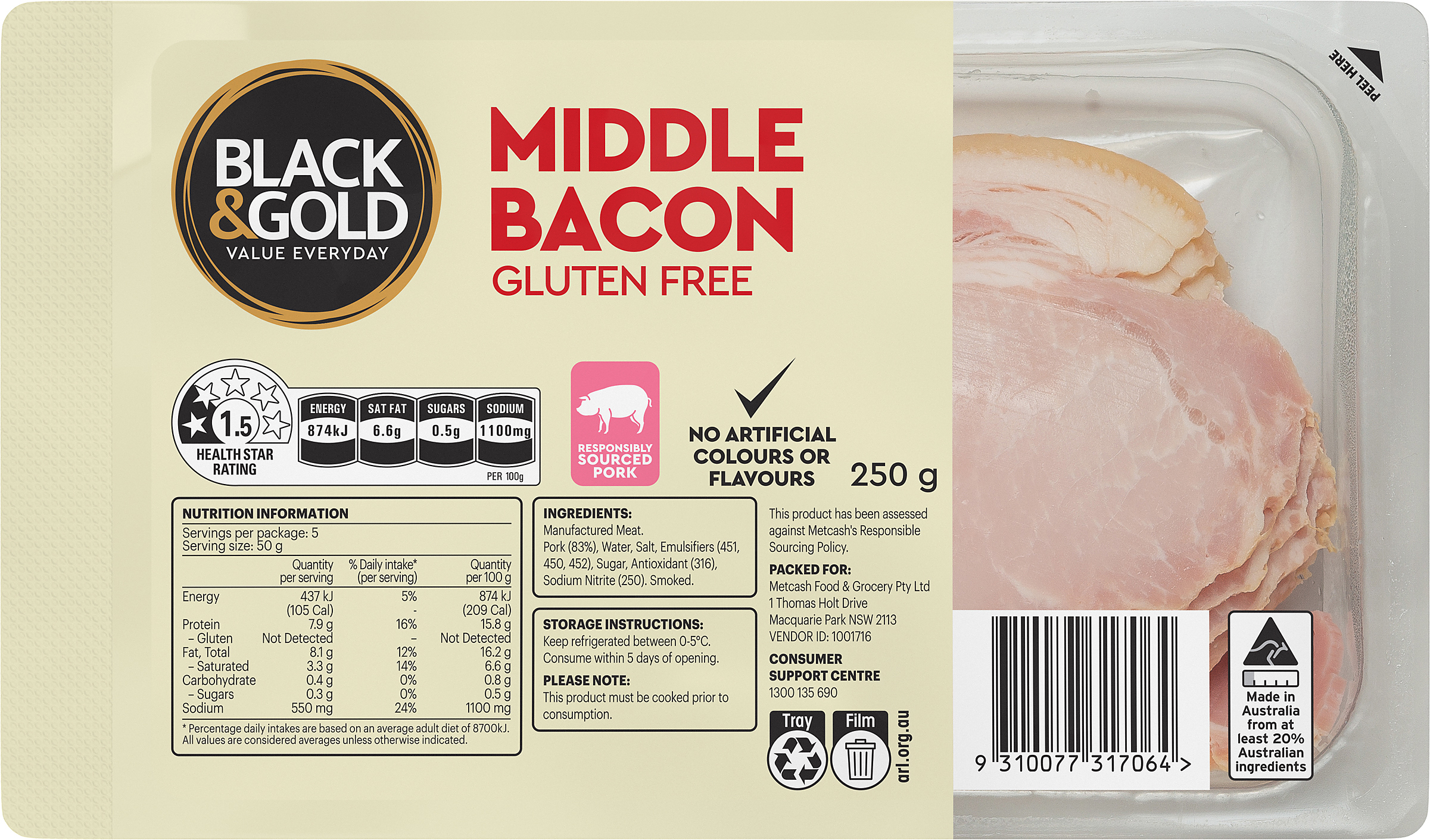 Black & Gold Middle Bacon 250g